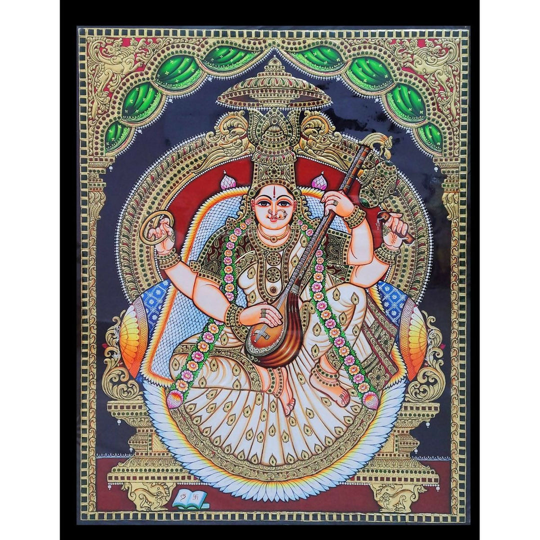 24*30 Authentic TANJORE PAINTING SARASWATHI With 22 Ct gold Foil and Jaipur Gemstones,Unframed | SHOBITAM