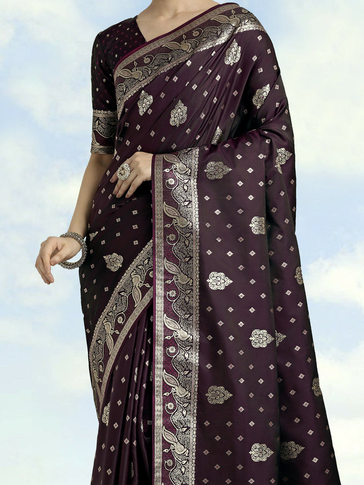 Wine Woven Banarasi Satin Silk Saree | SHOBITAM