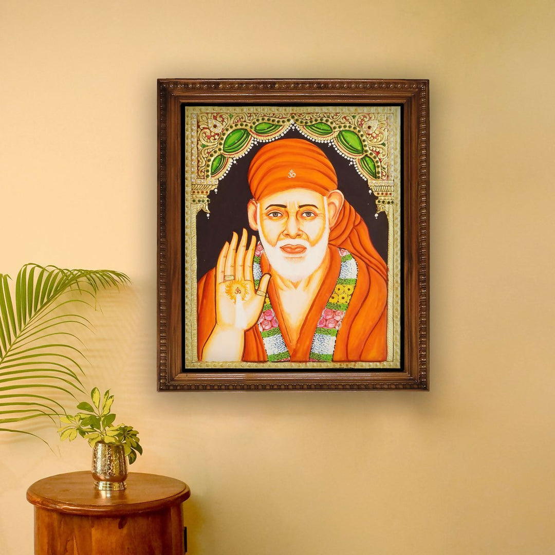 12*10 TANJORE PAINTING SAIBABA Authentic With 22 Ct Gold Foil and Jaipur Gemstones,Unframed | SHOBITAM