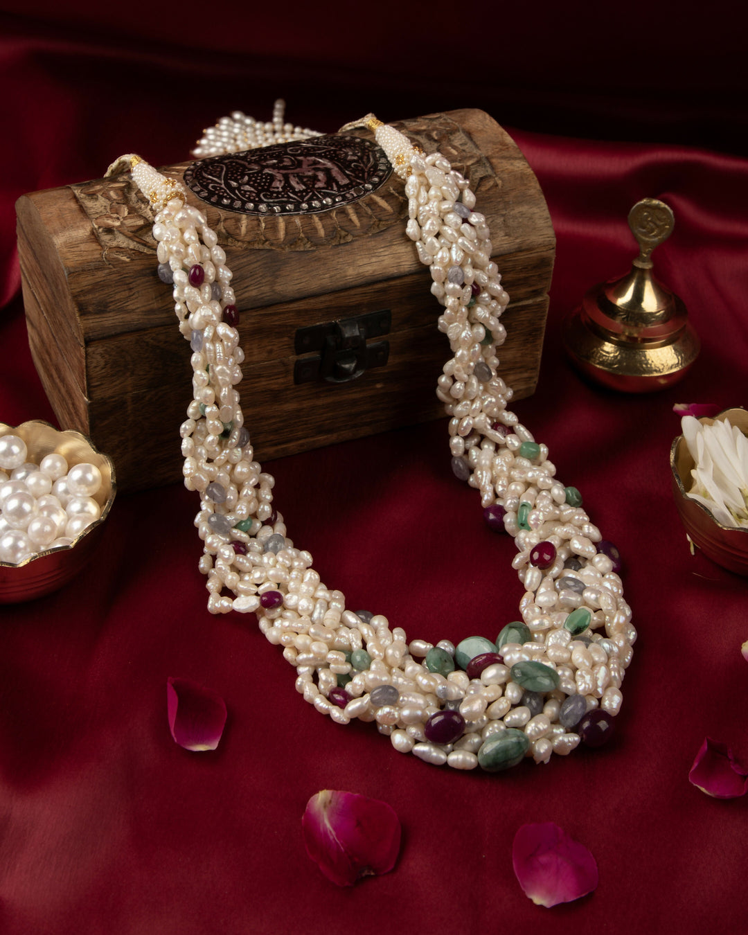 Triveni Ratna Pearl Mala- Ruby, Emerald and Tanzanite with Braided Pearls | SHOBITAM