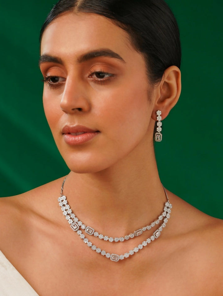 Silver Plated American Diamond Double Layer Necklace | SHOBITAM