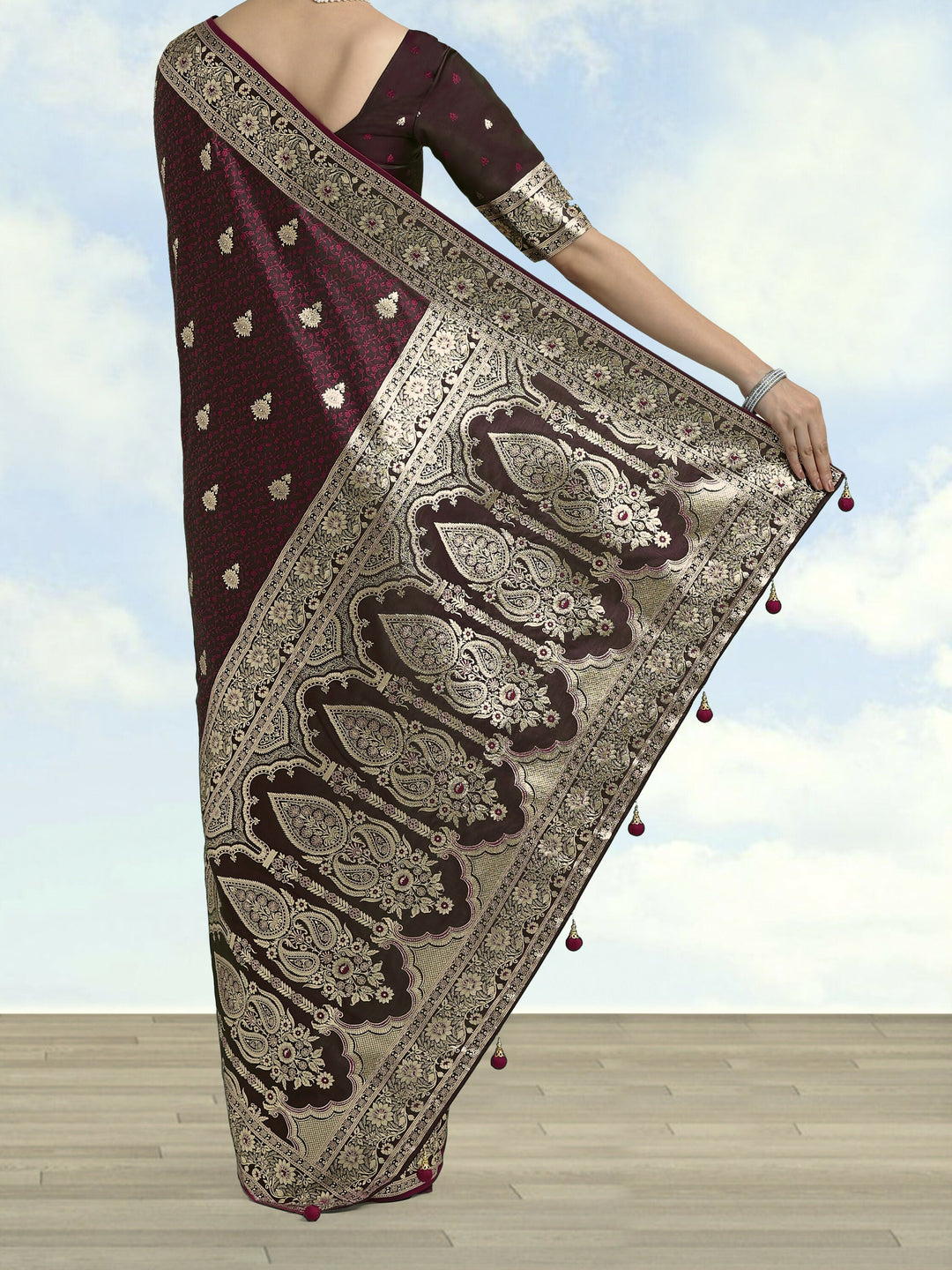 Maroon Banarasi Satin Silk Saree | SHOBITAM