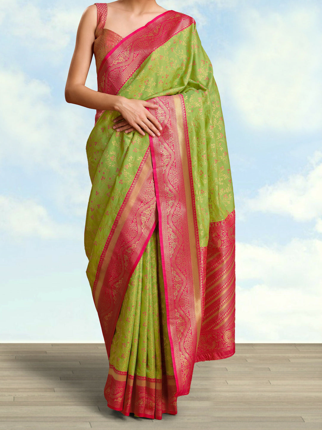 Parrot Green Color Zari Woven Faux Banarasi Tissue Silk Saree | SHOBITAM