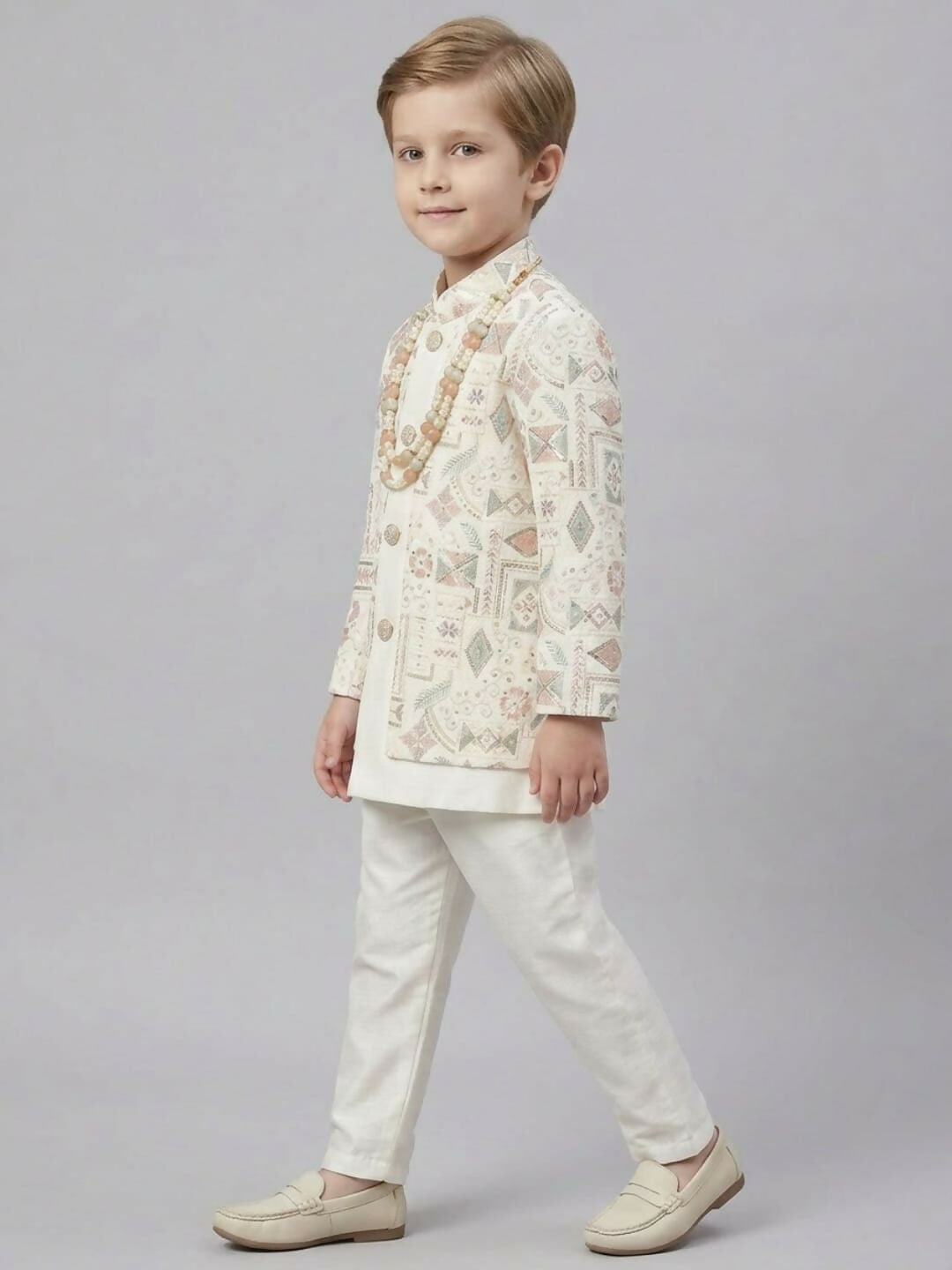 Boys White Kurta Pajama Set with Printed Ethnic Jacket | SHOBITAM