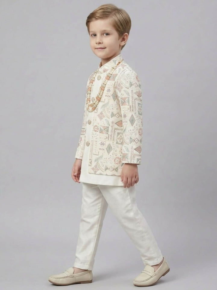 Boys White Kurta Pajama Set with Printed Ethnic Jacket | SHOBITAM