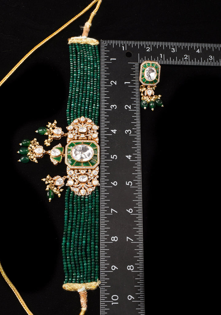 Green and White Moissanite stone Green Choker Set with 9 Strand Sides