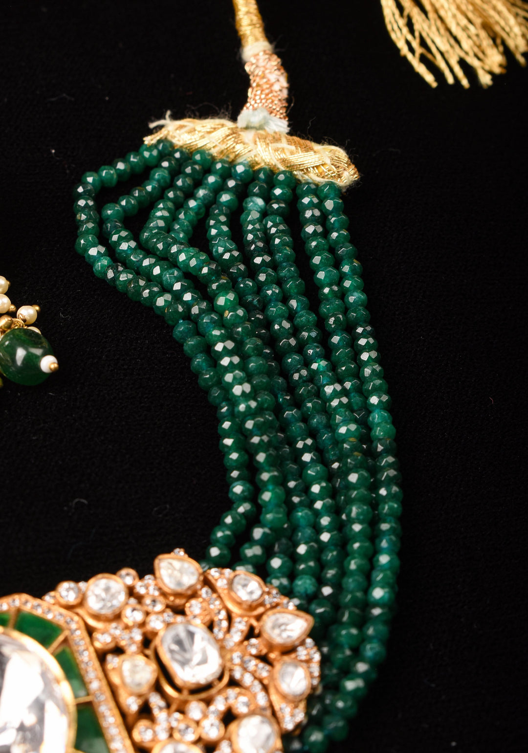 Green and White Moissanite stone Green Choker Set with 9 Strand Sides