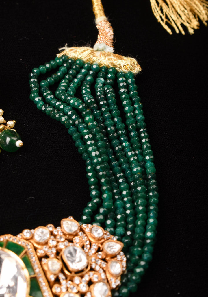 Green and White Moissanite stone Green Choker Set with 9 Strand Sides