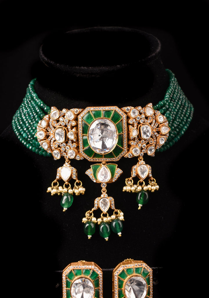 Green and White Moissanite stone Green Choker Set with 9 Strand Sides