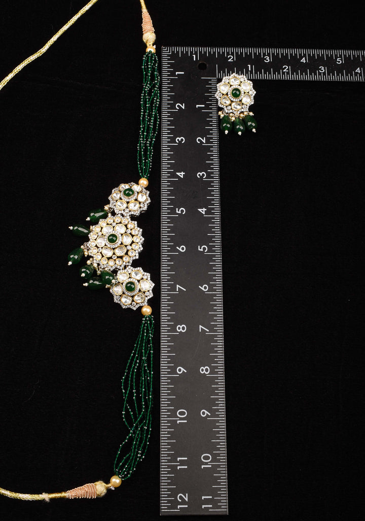 Victorian Design Necklace Set in Green and Antique Finish | Shobitam Jewelry
