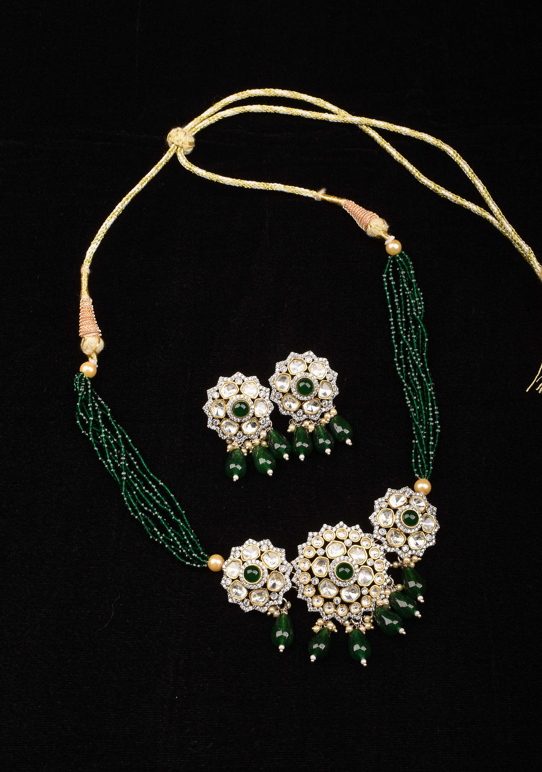 Victorian Design Necklace Set in Green and Antique Finish | Shobitam Jewelry
