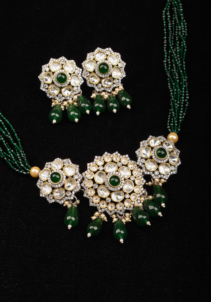 Victorian Design Necklace Set in Green and Antique Finish | Shobitam Jewelry