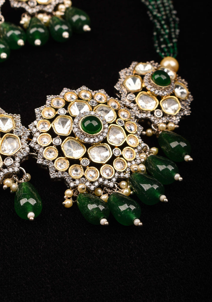 Victorian Design Necklace Set in Green and Antique Finish | Shobitam Jewelry
