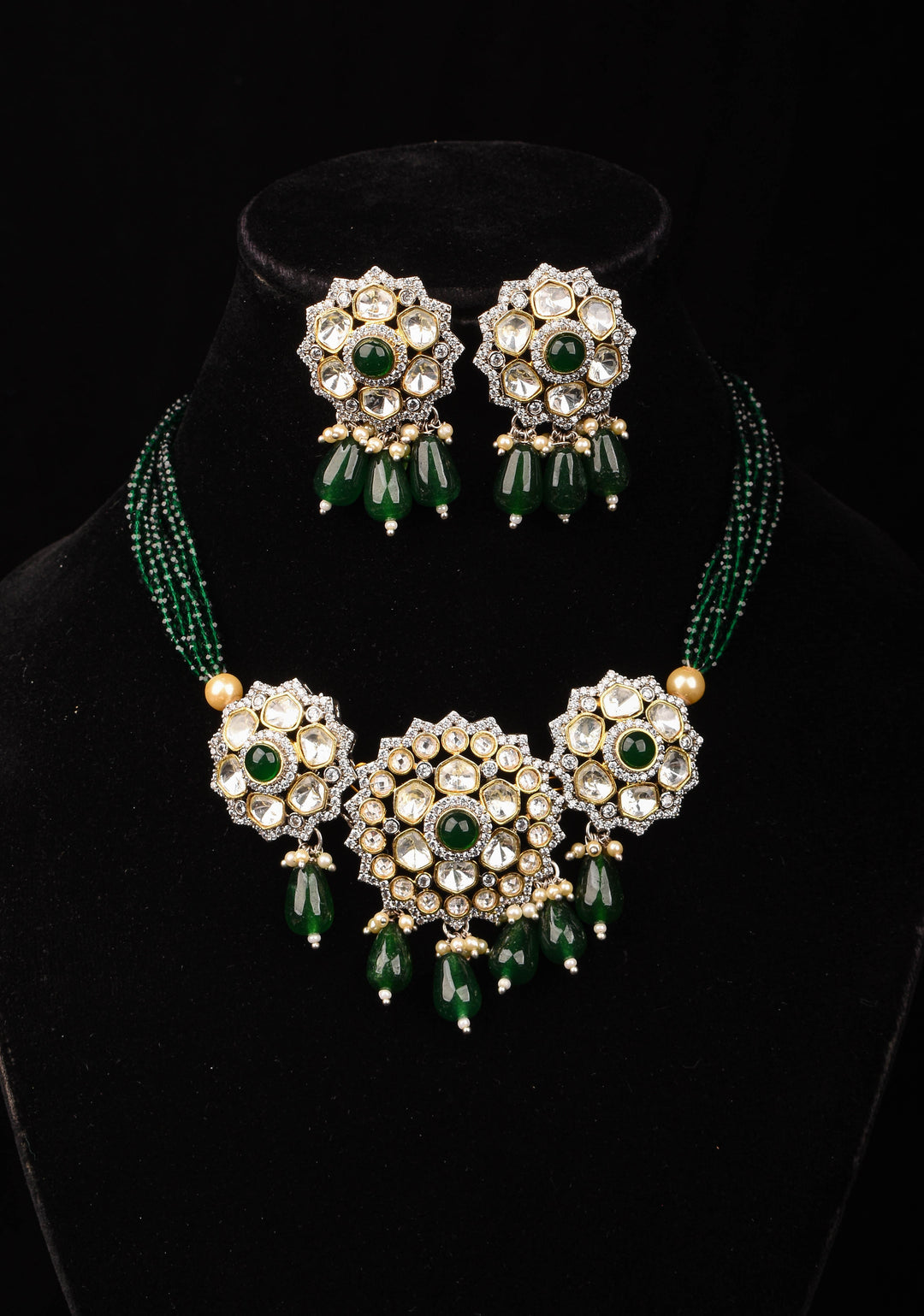 Victorian Design Necklace Set in Green and Antique Finish | Shobitam Jewelry