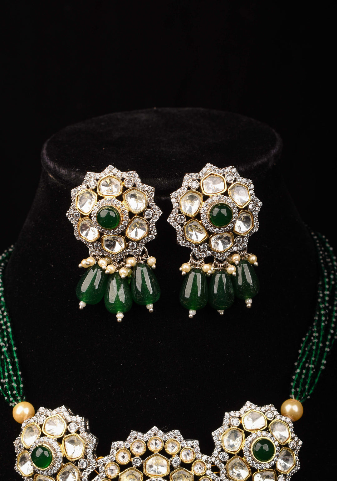 Victorian Design Necklace Set in Green and Antique Finish | Shobitam Jewelry