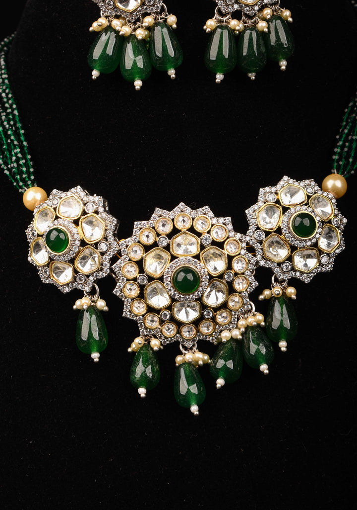 Victorian Design Necklace Set in Green and Antique Finish | Shobitam Jewelry
