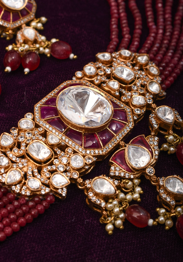 Victorian Design Choker Set in Maroon with 9 strand sides | Shobitam Jewelry