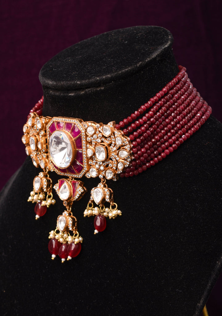 Victorian Design Choker Set in Maroon with 9 strand sides | Shobitam Jewelry