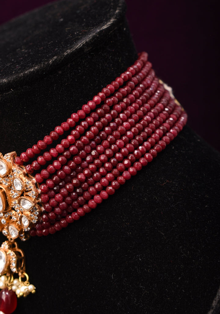 Victorian Design Choker Set in Maroon with 9 strand sides | Shobitam Jewelry