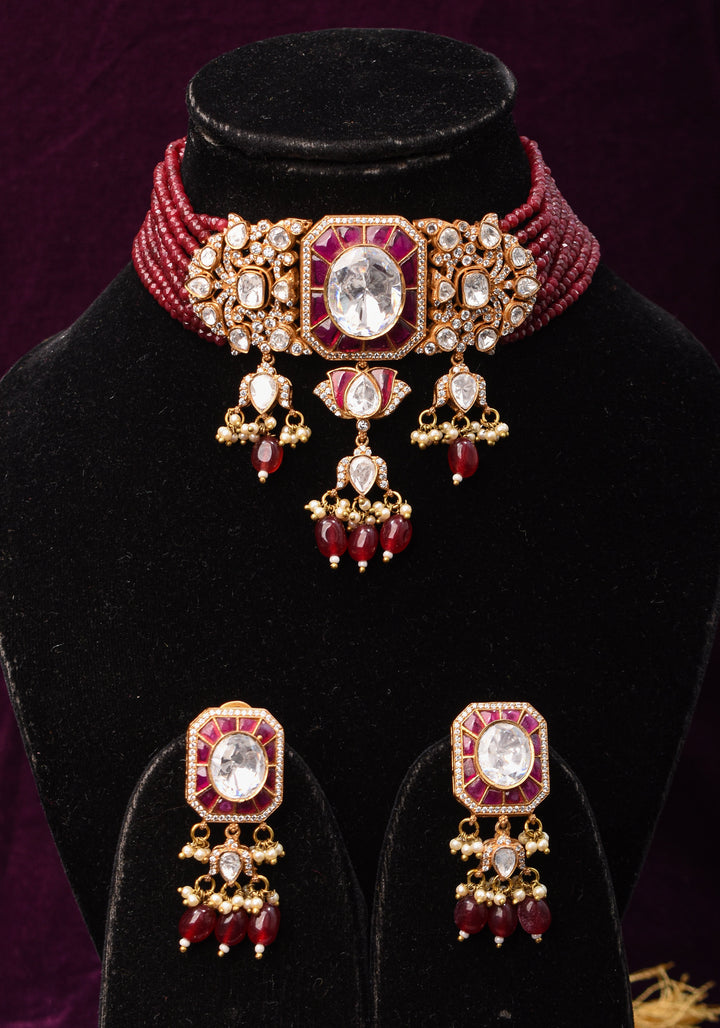 Victorian Design Choker Set in Maroon with 9 strand sides | Shobitam Jewelry