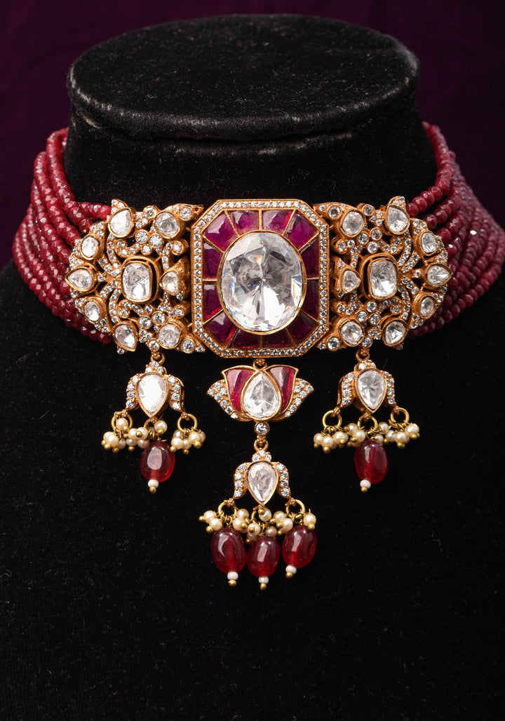 Victorian Design Choker Set in Maroon with 9 strand sides | Shobitam Jewelry