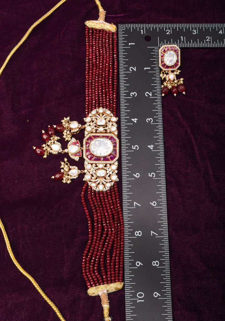 Victorian Design Choker Set in Maroon with 9 strand sides | Shobitam Jewelry