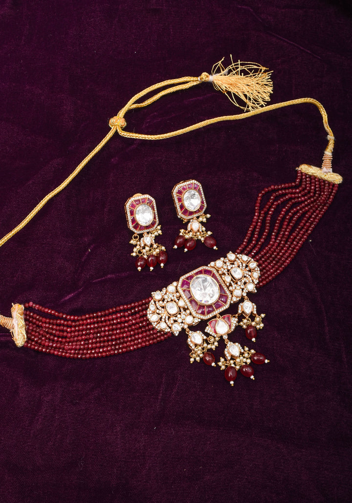 Victorian Design Choker Set in Maroon with 9 strand sides | Shobitam Jewelry