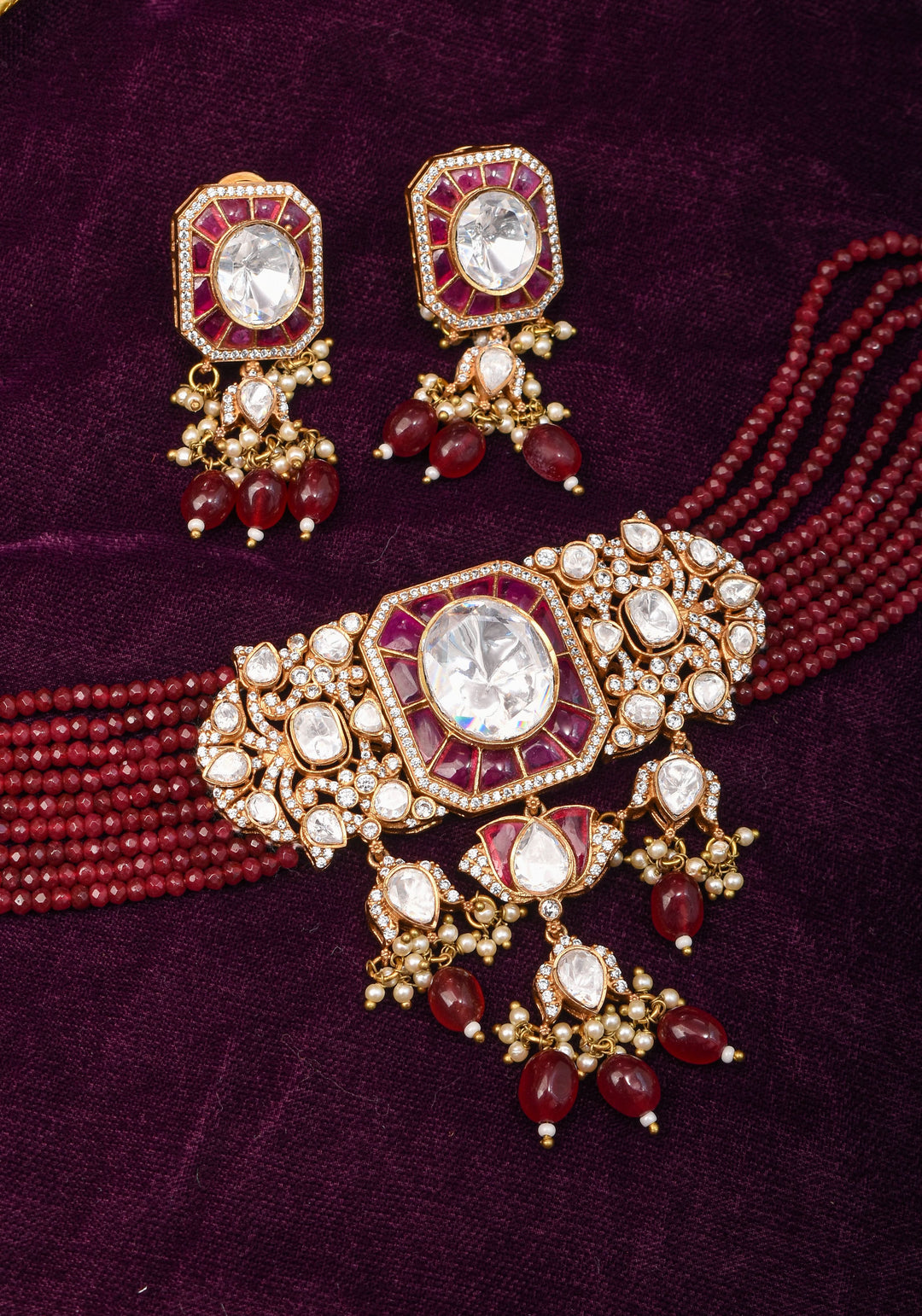 Victorian Design Choker Set in Maroon with 9 strand sides | Shobitam Jewelry
