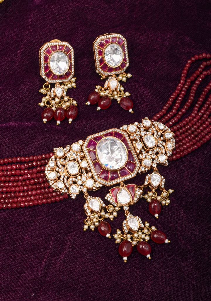 Victorian Design Choker Set in Maroon with 9 strand sides | Shobitam Jewelry