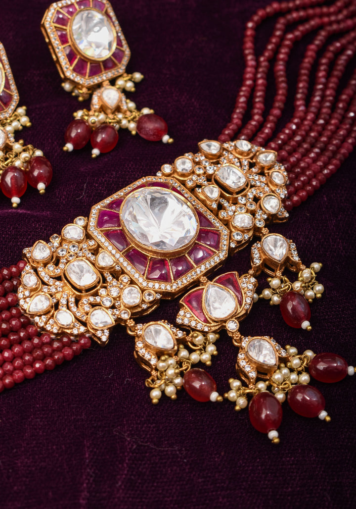Victorian Design Choker Set in Maroon with 9 strand sides | Shobitam Jewelry