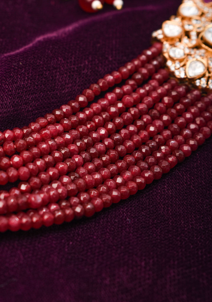 Victorian Design Choker Set in Maroon with 9 strand sides | Shobitam Jewelry