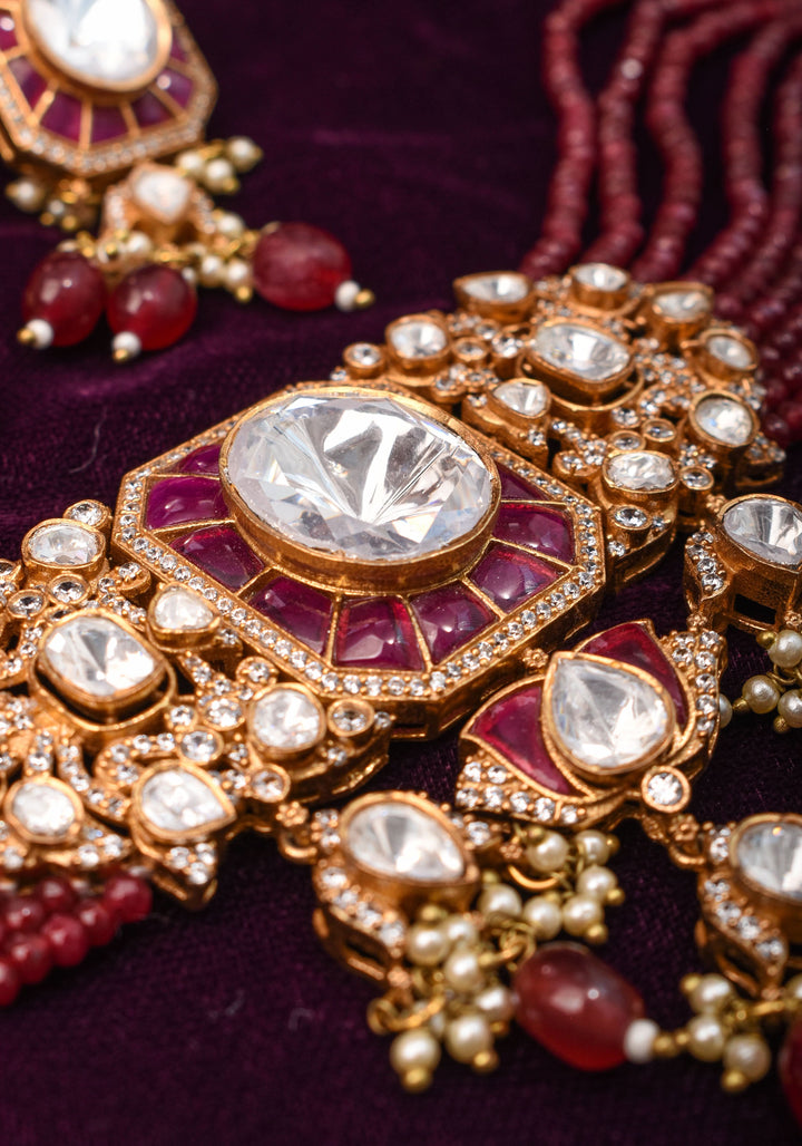 Victorian Design Choker Set in Maroon with 9 strand sides | Shobitam Jewelry