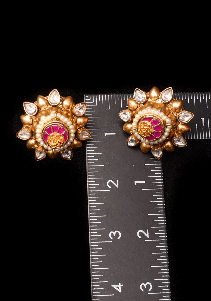 Gold statement studs with Pink Kundan embellishments, lightweight jewelry  | Shobitam Jewelry
