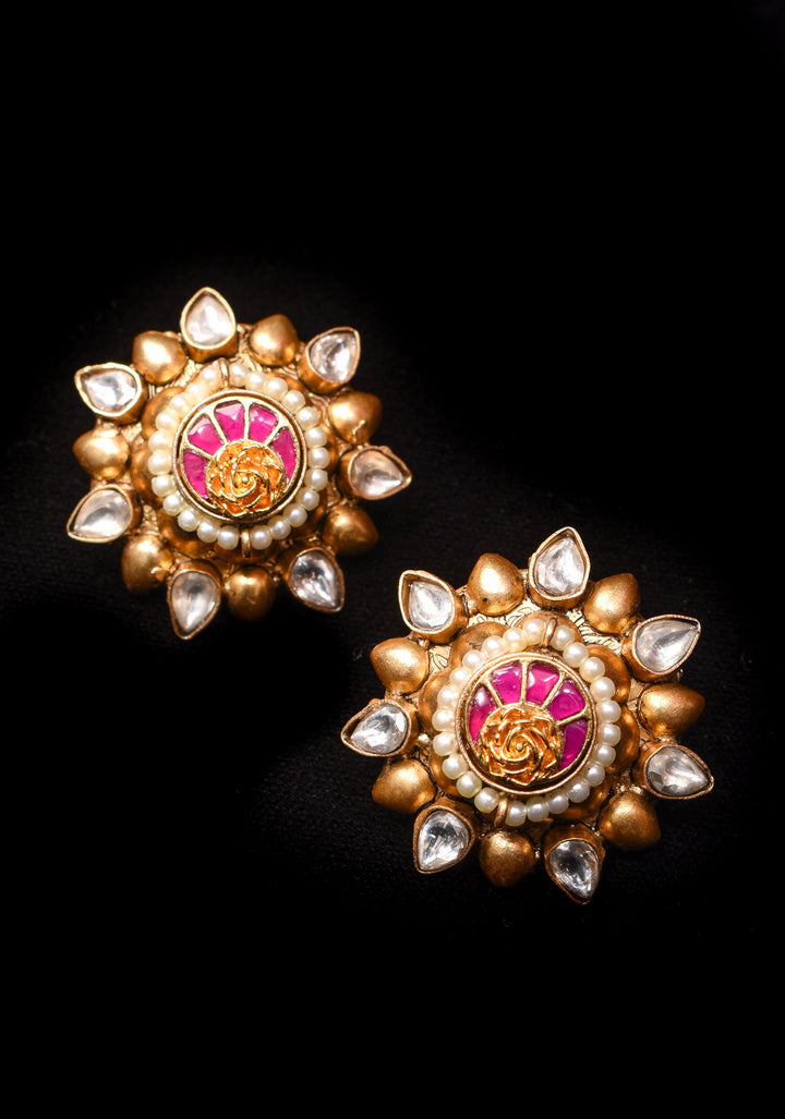 Gold statement studs with Pink Kundan embellishments, lightweight jewelry  | Shobitam Jewelry