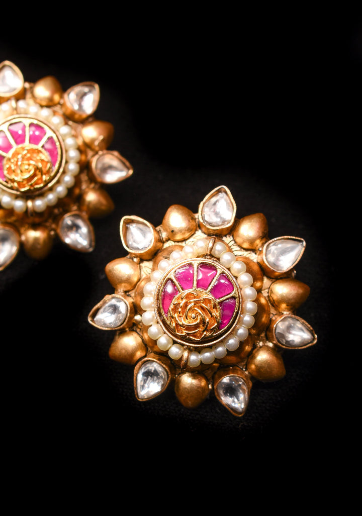 Gold statement studs with Pink Kundan embellishments, lightweight jewelry  | Shobitam Jewelry