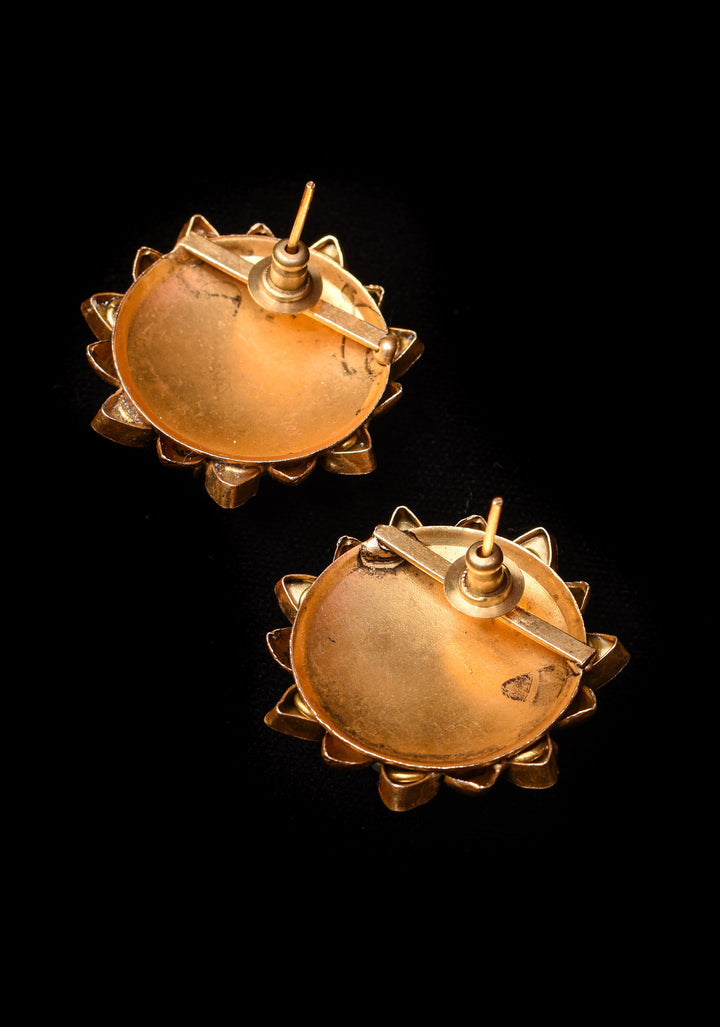 Gold statement studs with Pink Kundan embellishments, lightweight jewelry  | Shobitam Jewelry