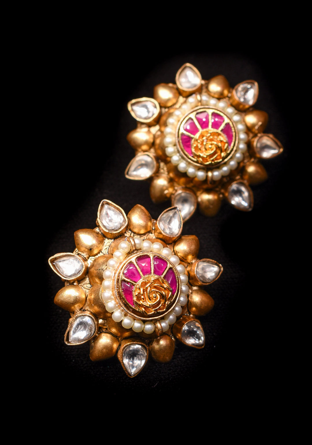 Gold statement studs with Pink Kundan embellishments, lightweight jewelry  | Shobitam Jewelry