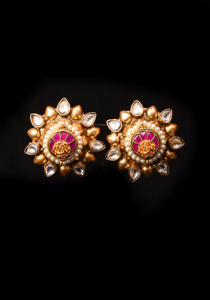 Gold statement studs with Pink Kundan embellishments, lightweight jewelry  | Shobitam Jewelry