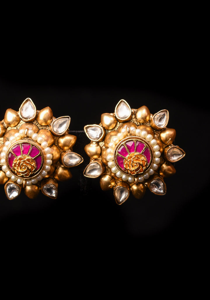 Gold statement studs with Pink Kundan embellishments, lightweight jewelry  | Shobitam Jewelry