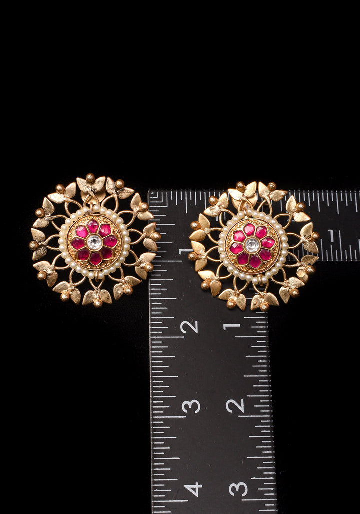Good design statement lightweight studs with Pink Kundan jadau  | Shobitam Jewelry