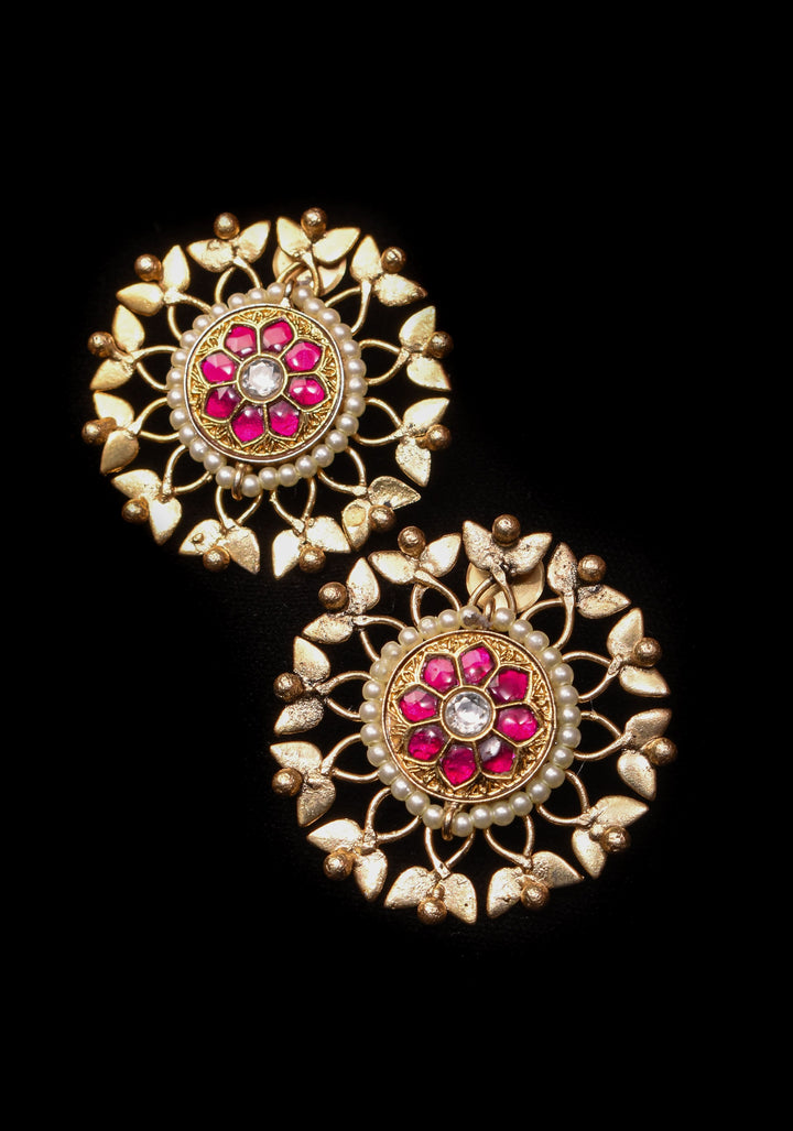 Good design statement lightweight studs with Pink Kundan jadau  | Shobitam Jewelry