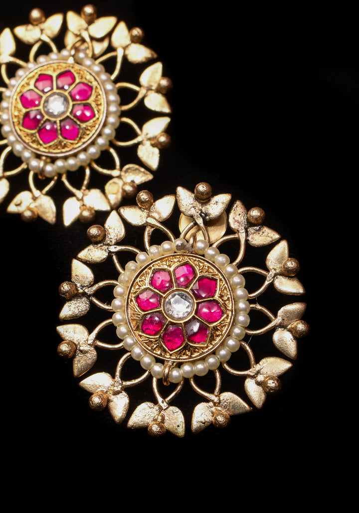 Good design statement lightweight studs with Pink Kundan jadau  | Shobitam Jewelry