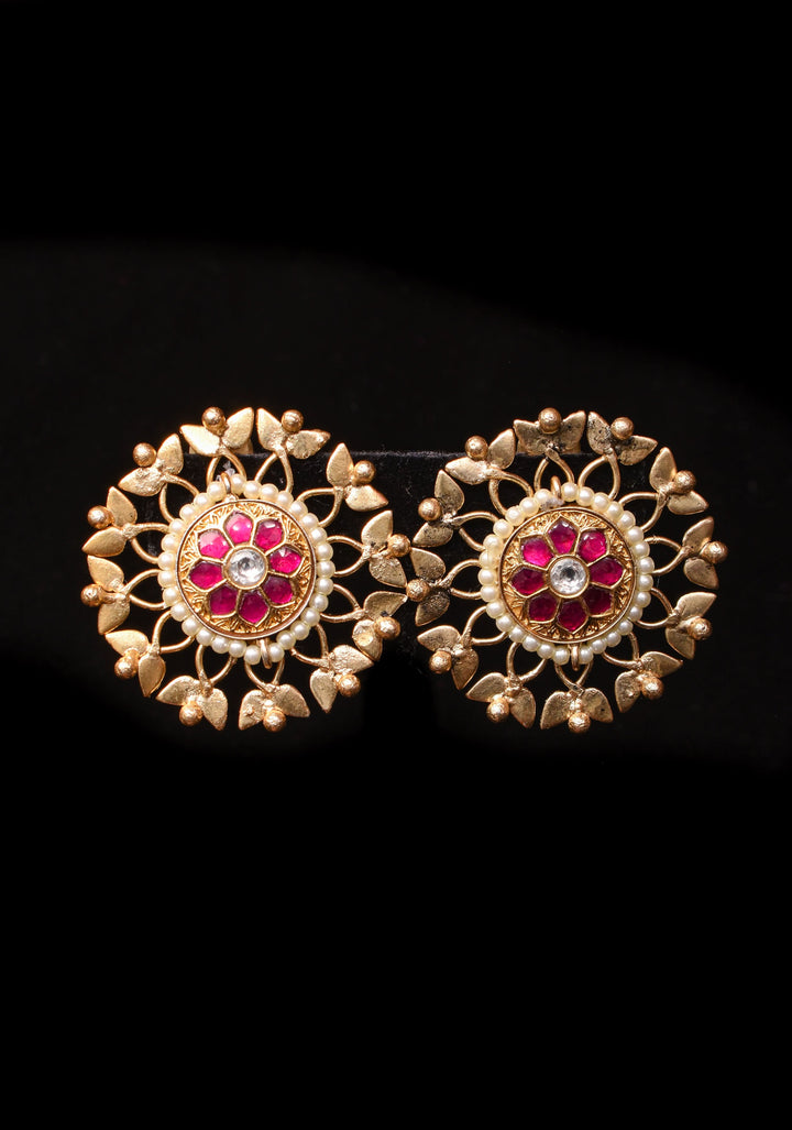 Good design statement lightweight studs with Pink Kundan jadau  | Shobitam Jewelry