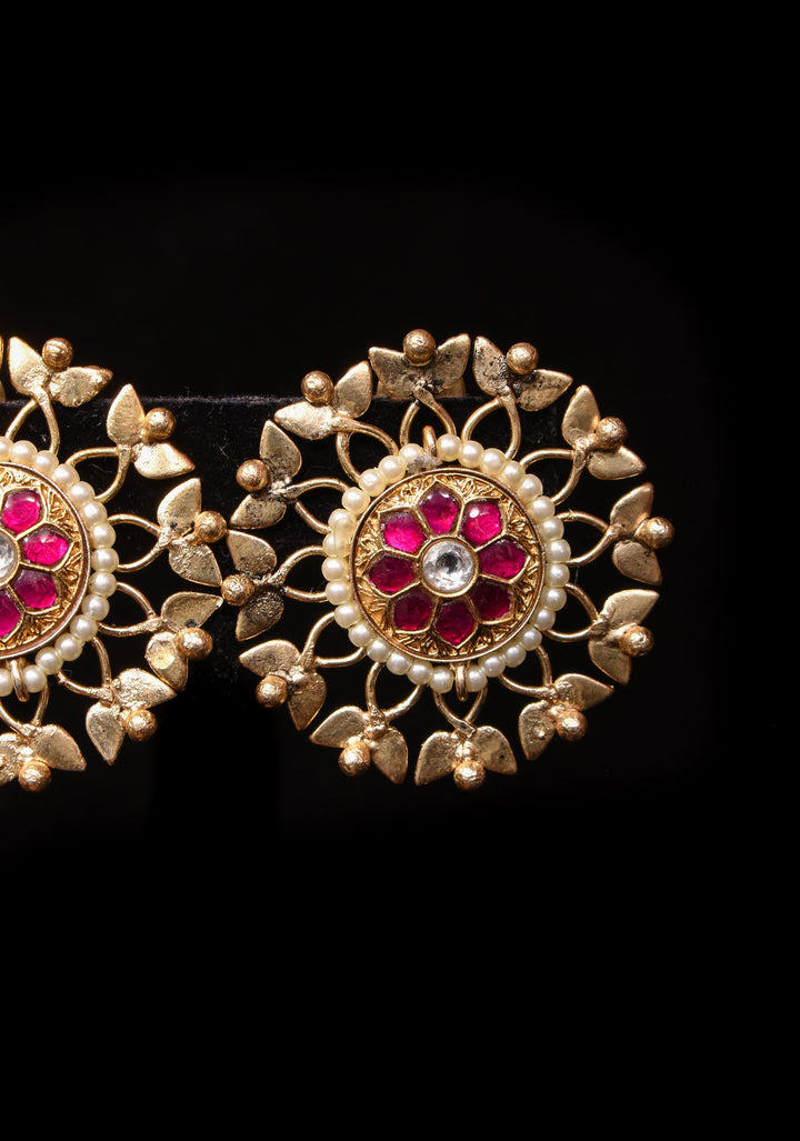 Good design statement lightweight studs with Pink Kundan jadau  | Shobitam Jewelry