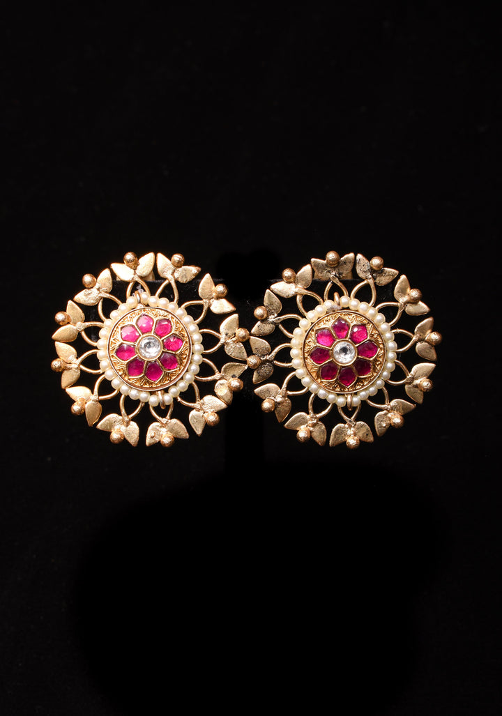 Good design statement lightweight studs with Pink Kundan jadau  | Shobitam Jewelry