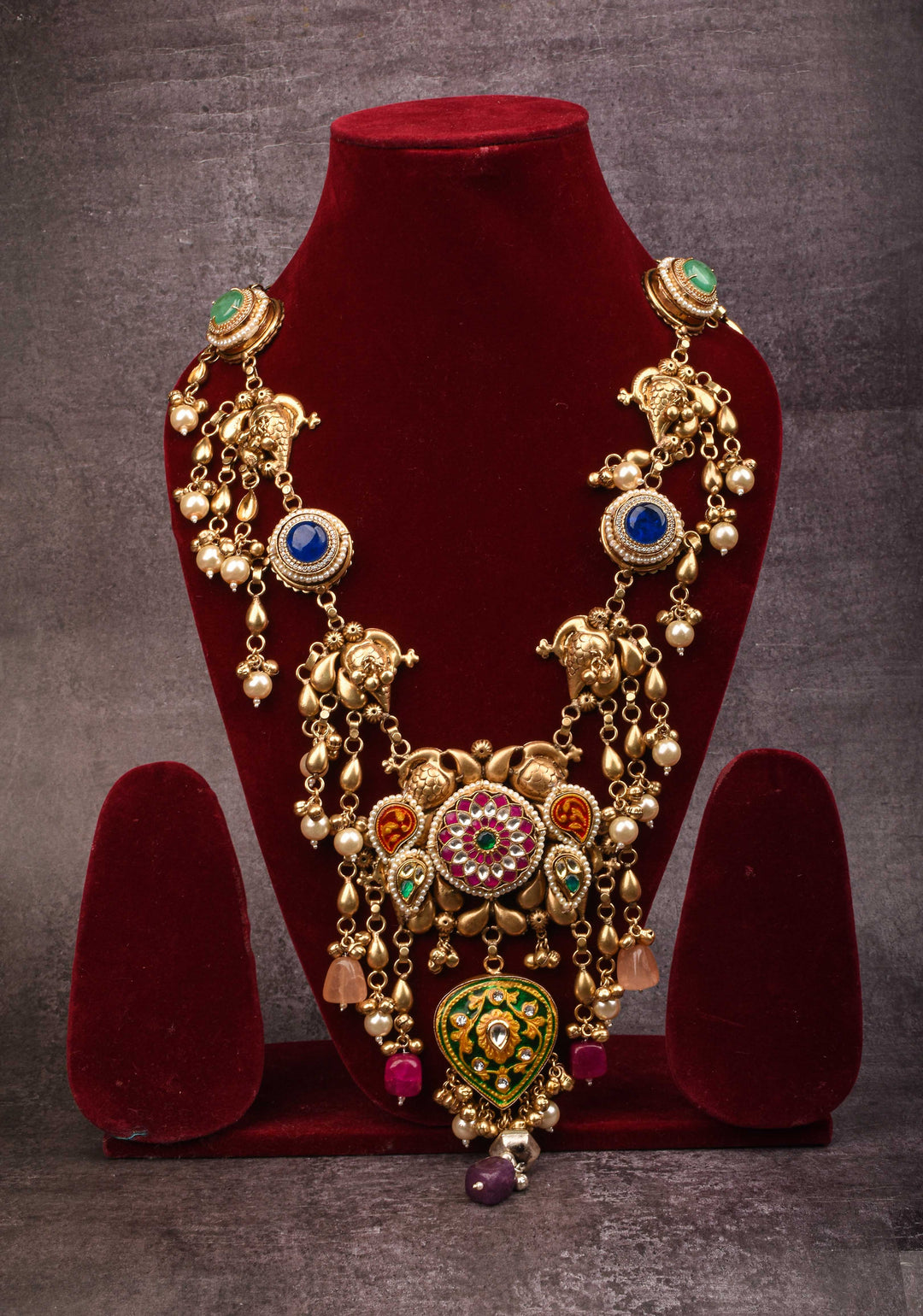Laquer pendant  with Peacock units with pink white green stones Necklace Set