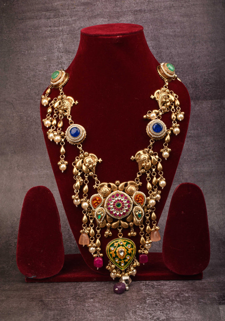 Laquer pendant  with Peacock units with pink white green stones Necklace Set