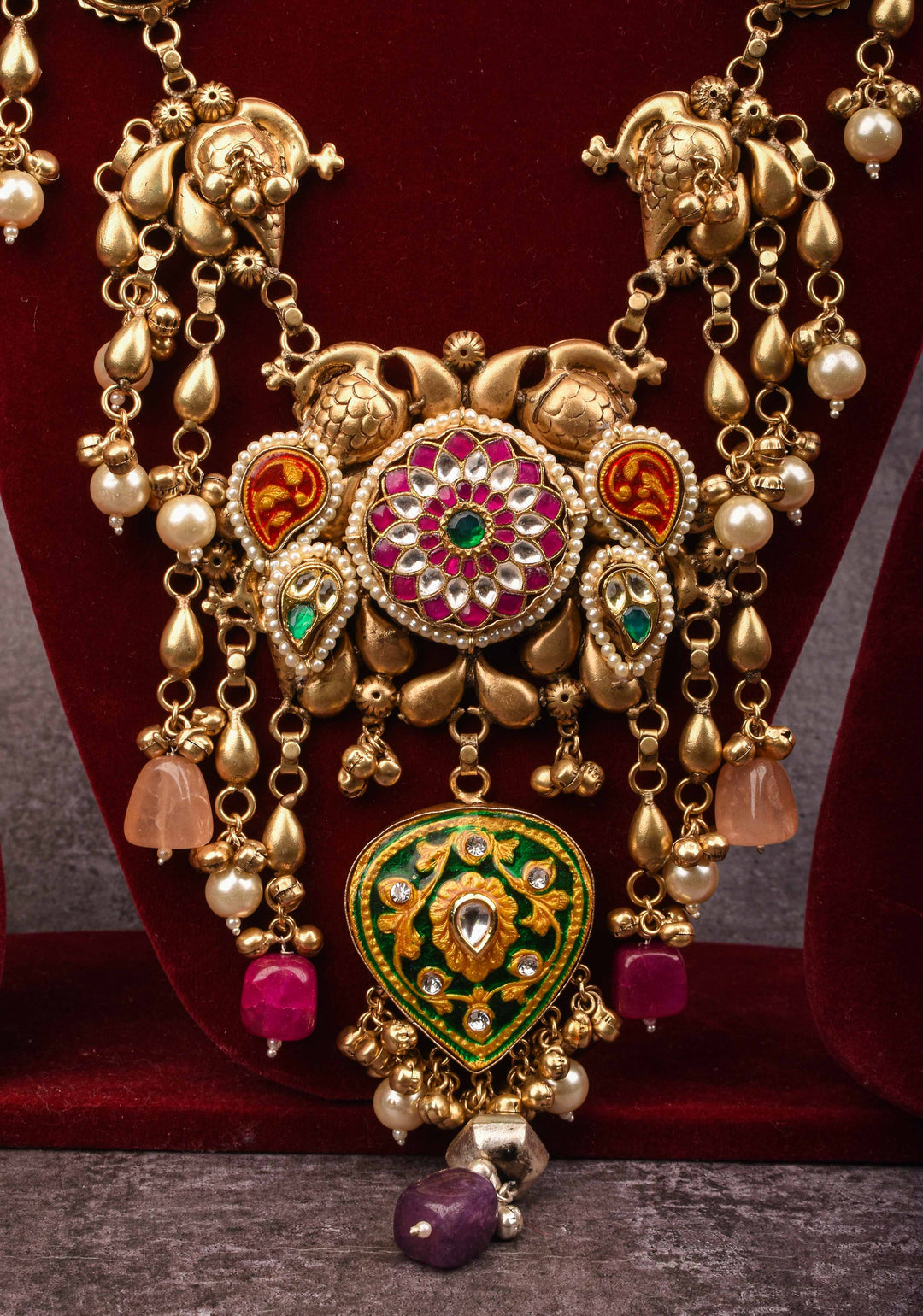 Laquer pendant  with Peacock units with pink white green stones Necklace Set