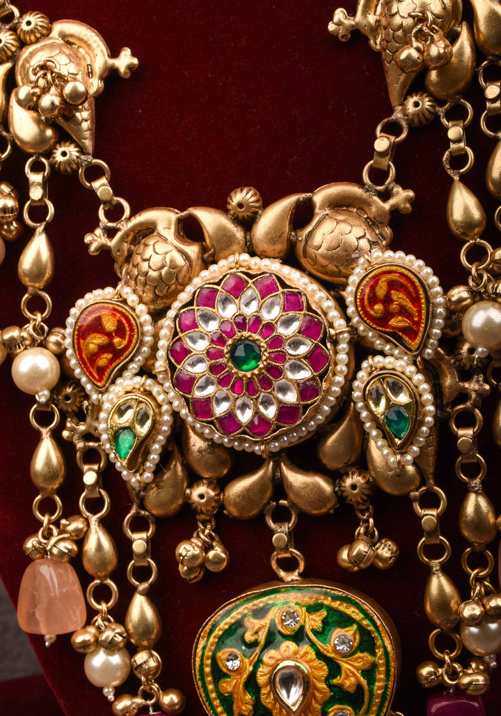 Laquer pendant  with Peacock units with pink white green stones Necklace Set