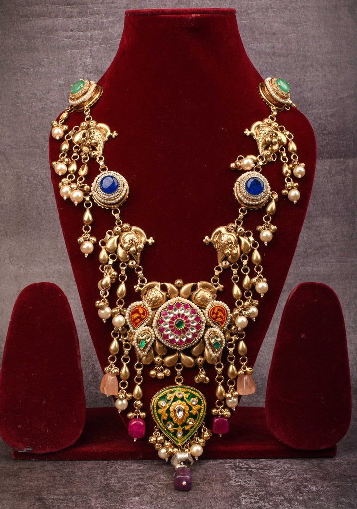 Laquer pendant  with Peacock units with pink white green stones Necklace Set